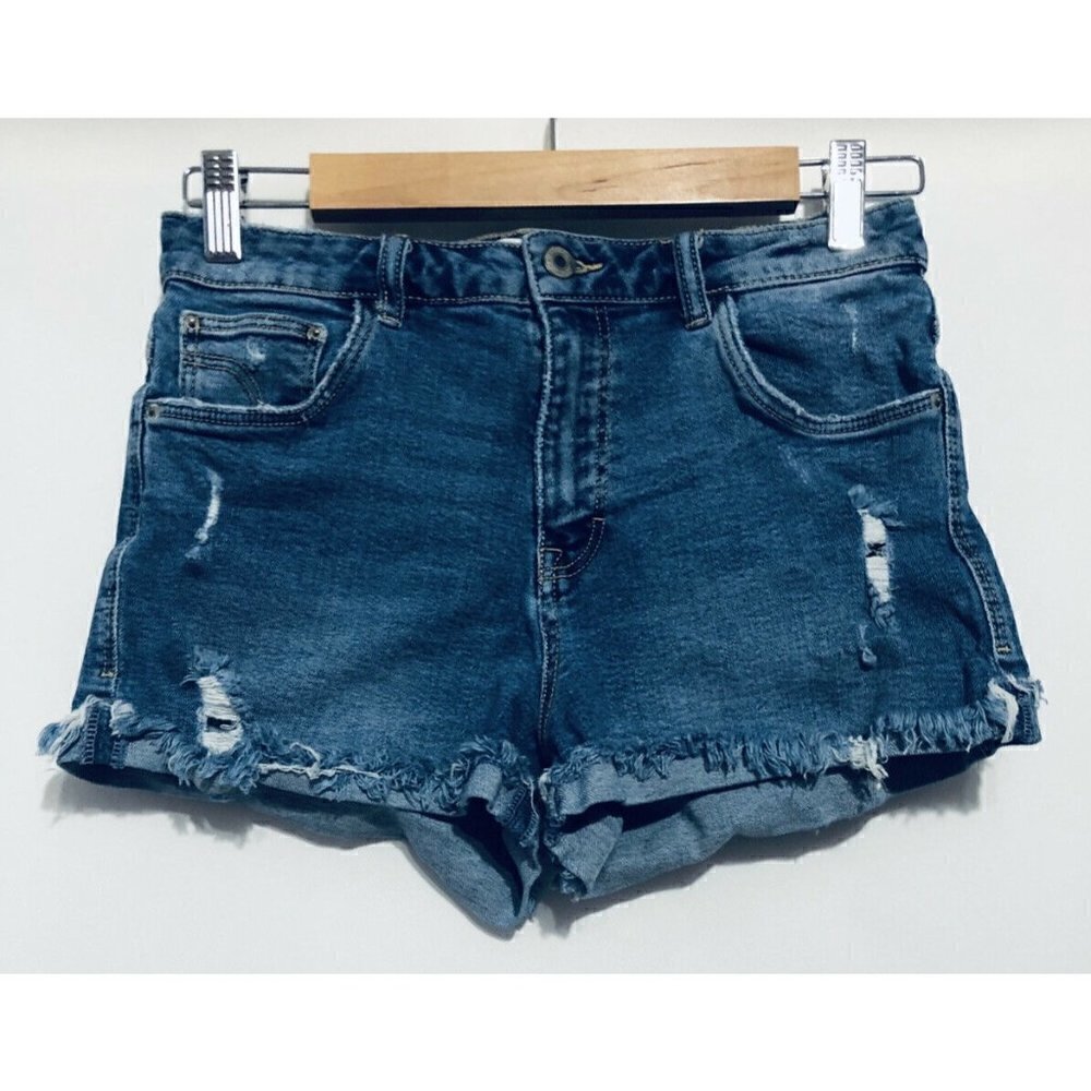 Zara Womens Size 6 Distressed Denim Shorts Stretch High Rise Boho Festival